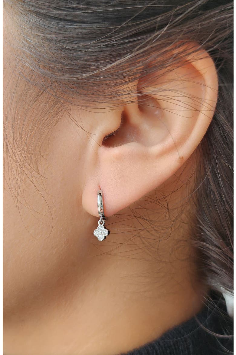 Clover Mini Cubic Zirconia Drop Huggie Hoop Earrings, Alternate, color, SILVER