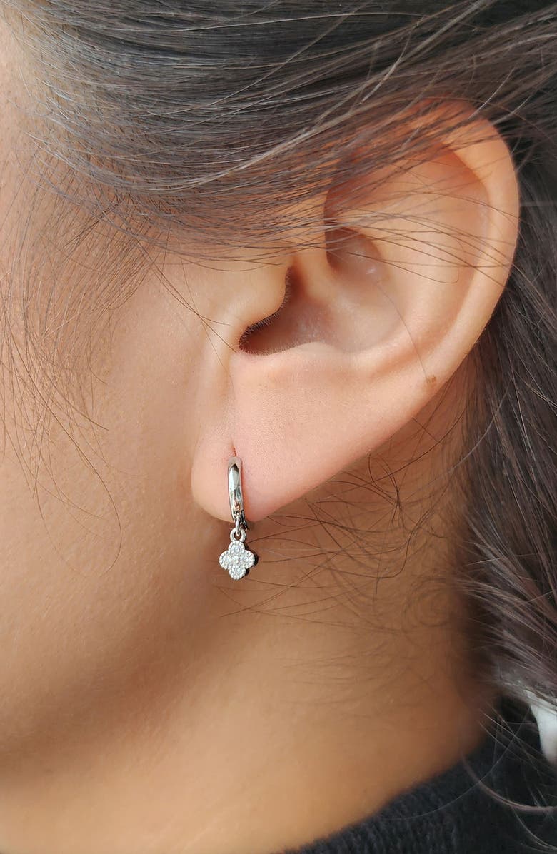 Adornia Clover Mini Cubic Zirconia Drop Huggie Hoop Earrings, Alternate, color, Silver