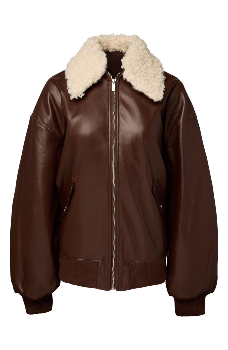 WeWoreWhat Faux Leather Bomber Jacket with Faux Shearling Collar, Main, color, Brown