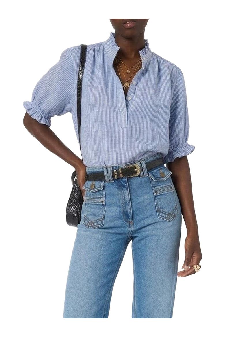 Cezia Ruffled Sleeved Linen Blouse, Alternate, color, Cloud