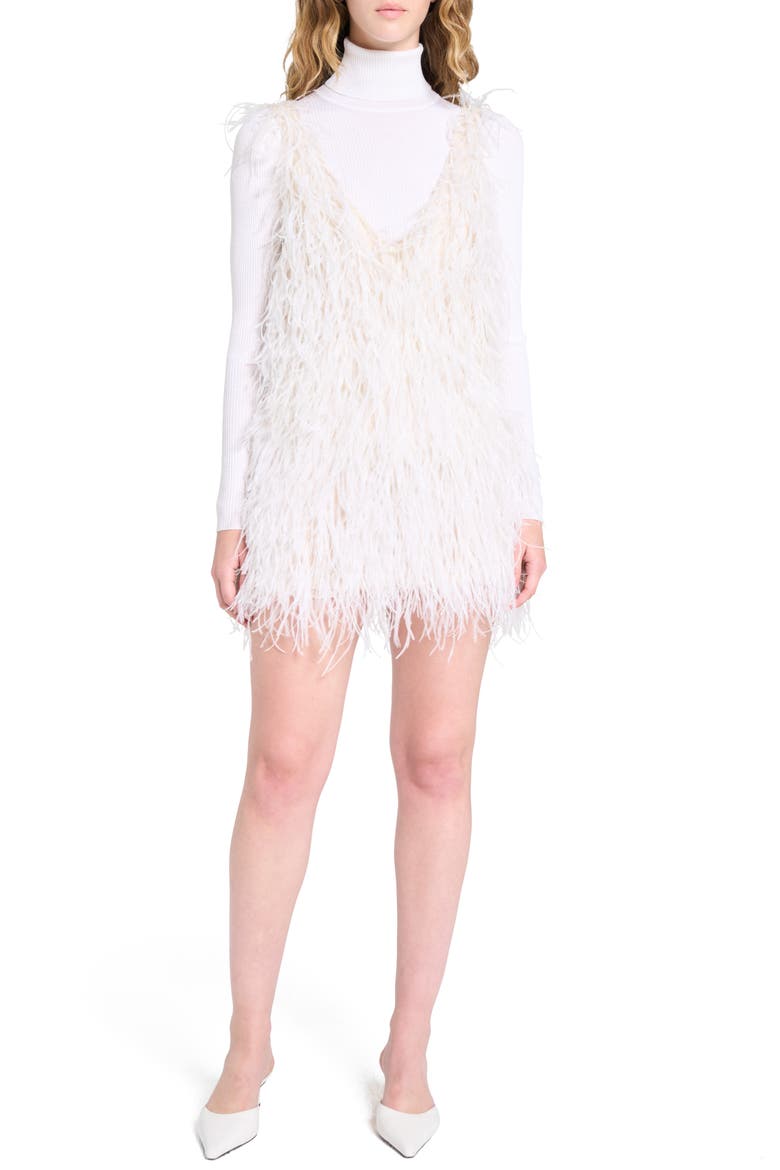 Plunge Neck Feather Minidress, Alternate, color, IVORY