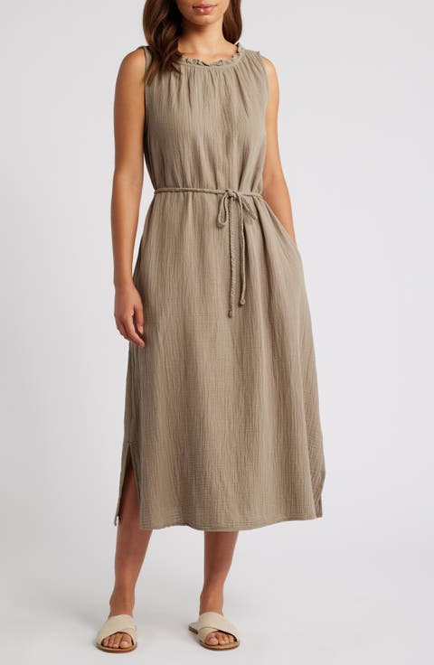 Maddison Ruffle Tie Belt Cotton Midi Dress