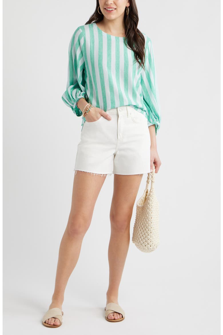 Balloon Sleeve Linen Blend Top, Alternate, color, BLUE- GREEN CABANA STRIPE