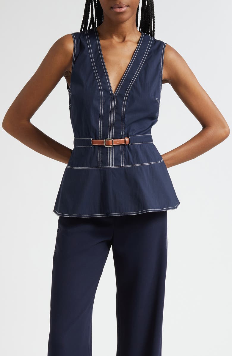 Veronica Beard Nickleby Topstitch Detail Sleeveless Cotton Blend Top, Main, color, Navy