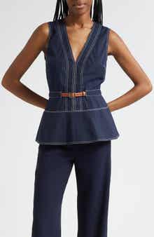 Veronica Beard Nickleby Topstitch Detail Sleeveless Cotton Blend Top
