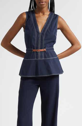 Veronica Beard Nickleby Topstitch Detail Sleeveless Cotton Blend Top