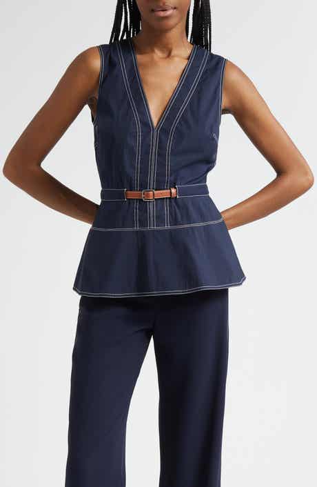 Veronica Beard Nickleby Topstitch Detail Sleeveless Cotton Blend Top