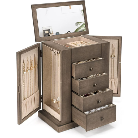 Rustic Solid‑Wood Tabletop Jewelry Storage Chest With Mirror