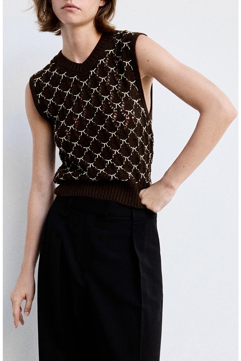 Contrast Crochet Sweater Vest, Main, color, BROWN