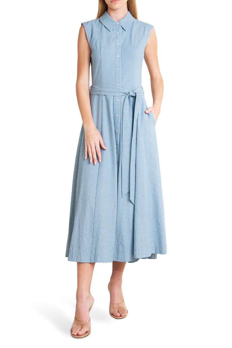 Pinstripe Midi Dress, Main, color, BLUE