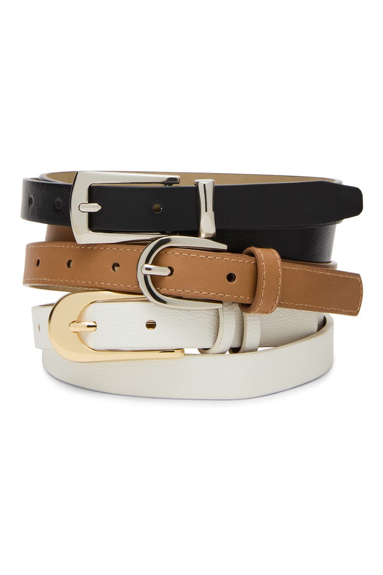 3-Pack Faux Leather Skinny Belts, Main, color, BLACK-WHITE-CAMEL