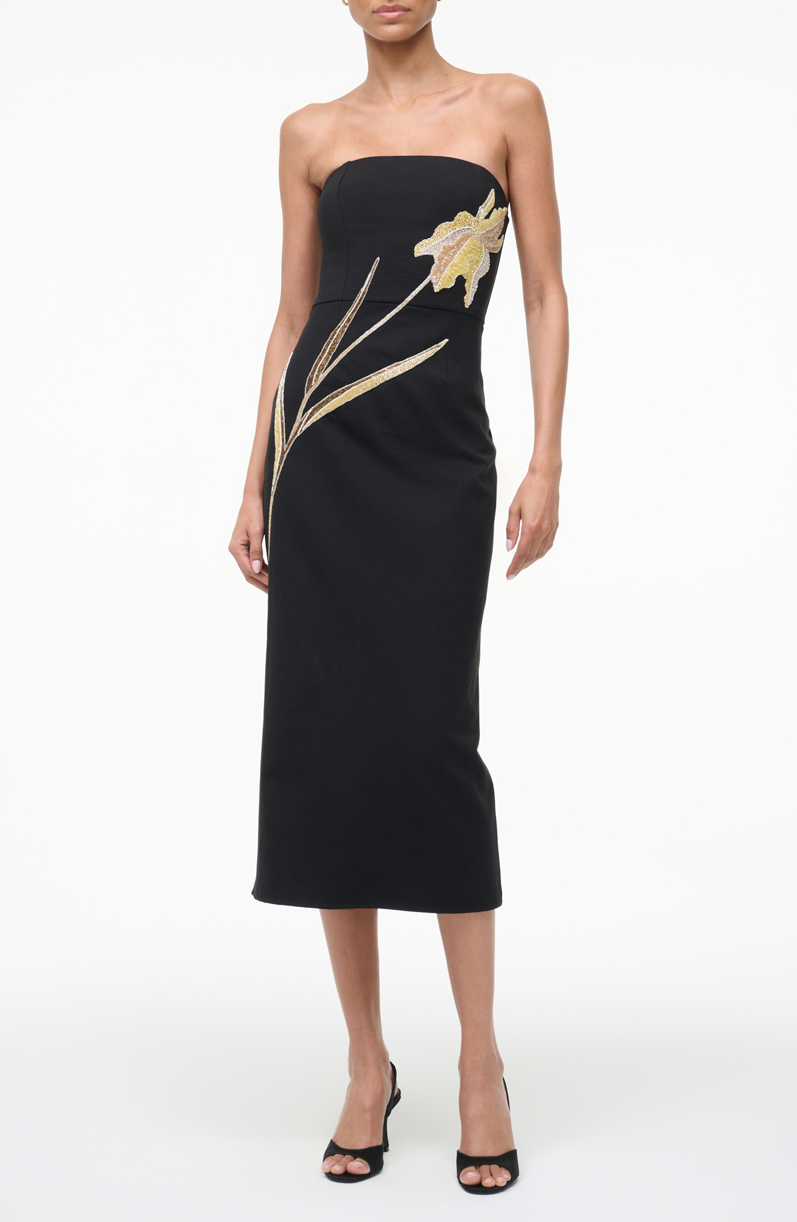 STAUD Brooke Beaded Placed Floral Strapless Column Dress