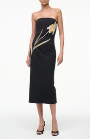 STAUD Brooke Beaded Placed Floral Strapless Column Dress
