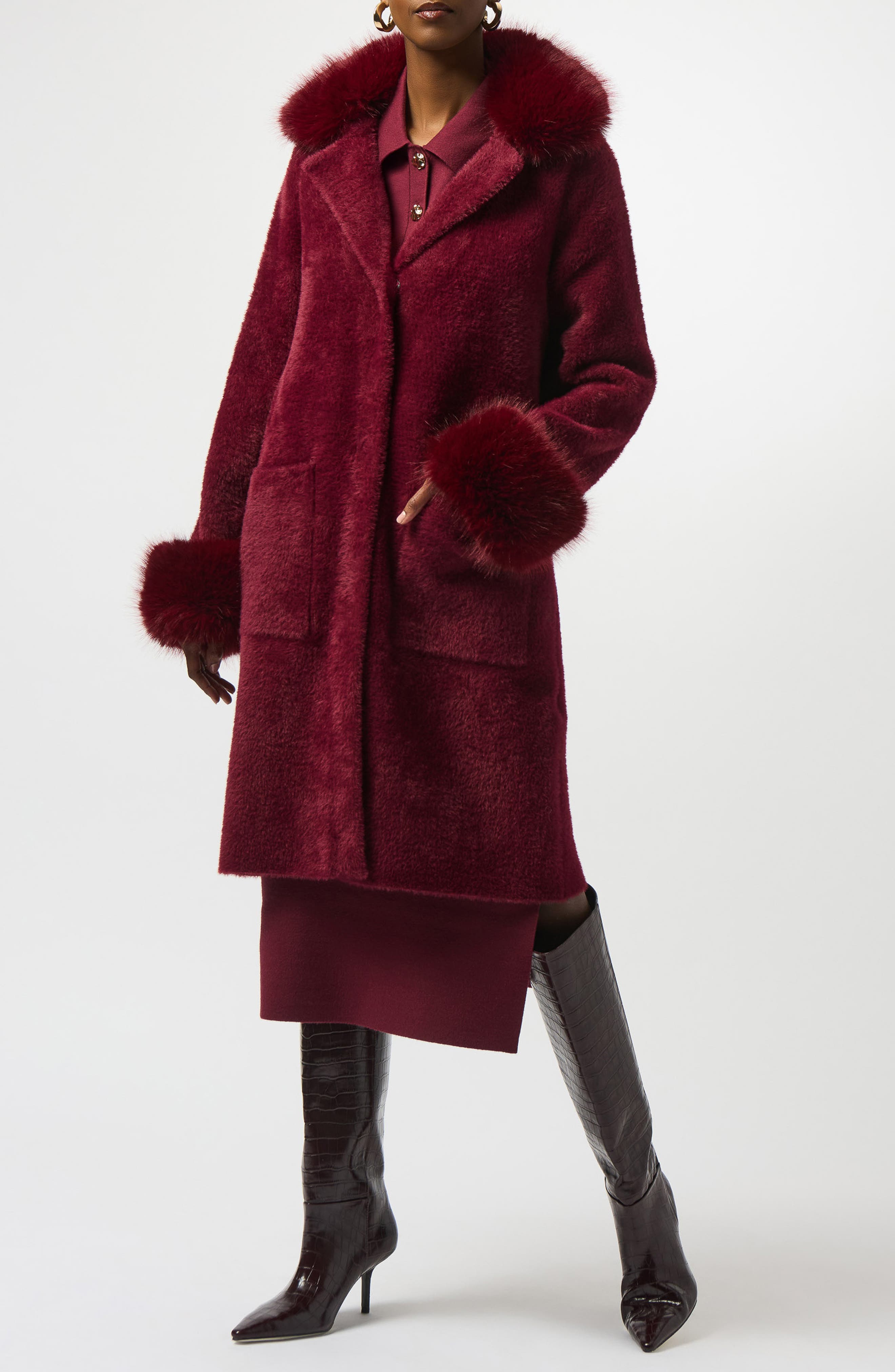 Faux Fur Trim Knit Coat