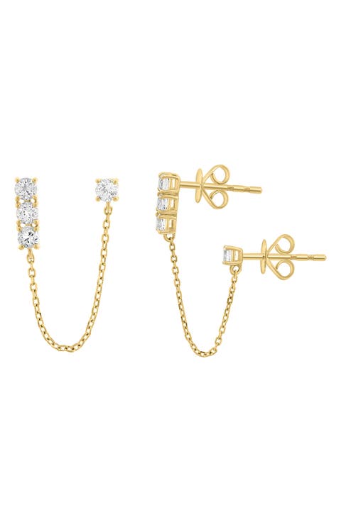 14K Gold White Topaz Double Piercing Chain Drop Earrings
