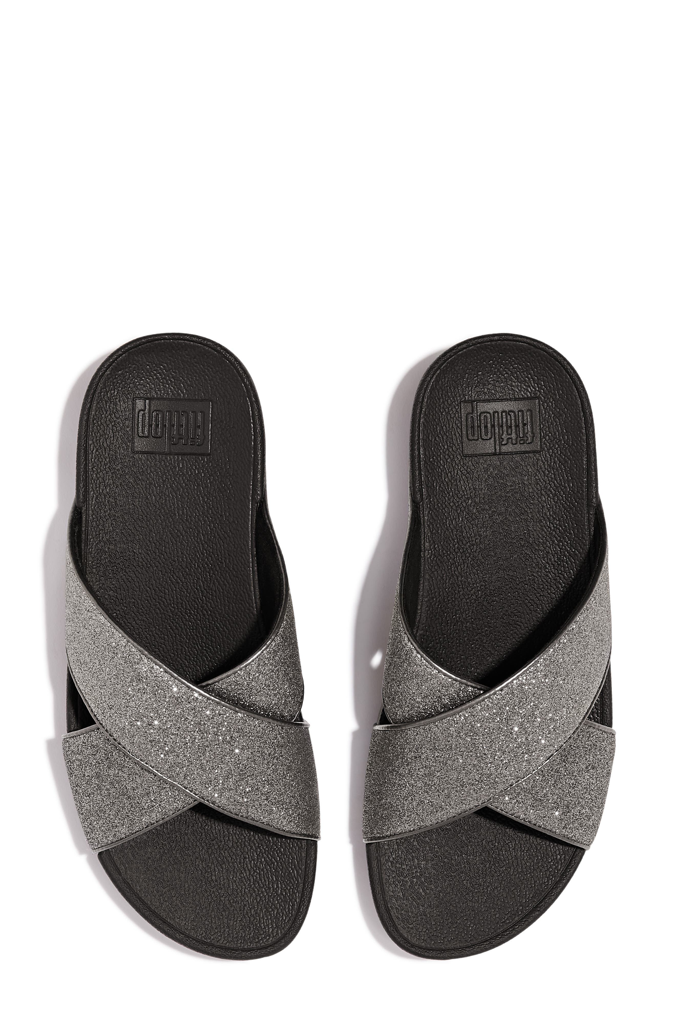FitFlop Lulu Glitterdust Platform Wedge Slide Sandal, Alternate, color, Pewter