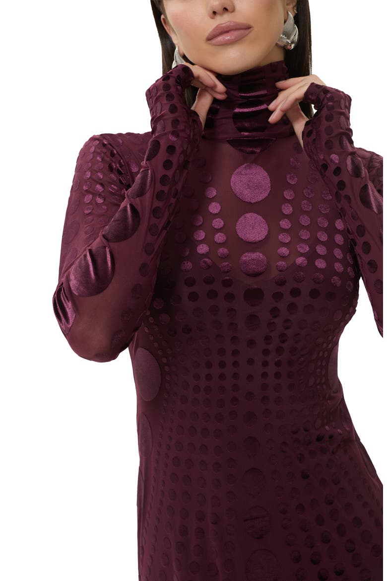 Shailene Long Sleeve Burnout Velvet Dress, Alternate, color, CABERNET TONAL DOT