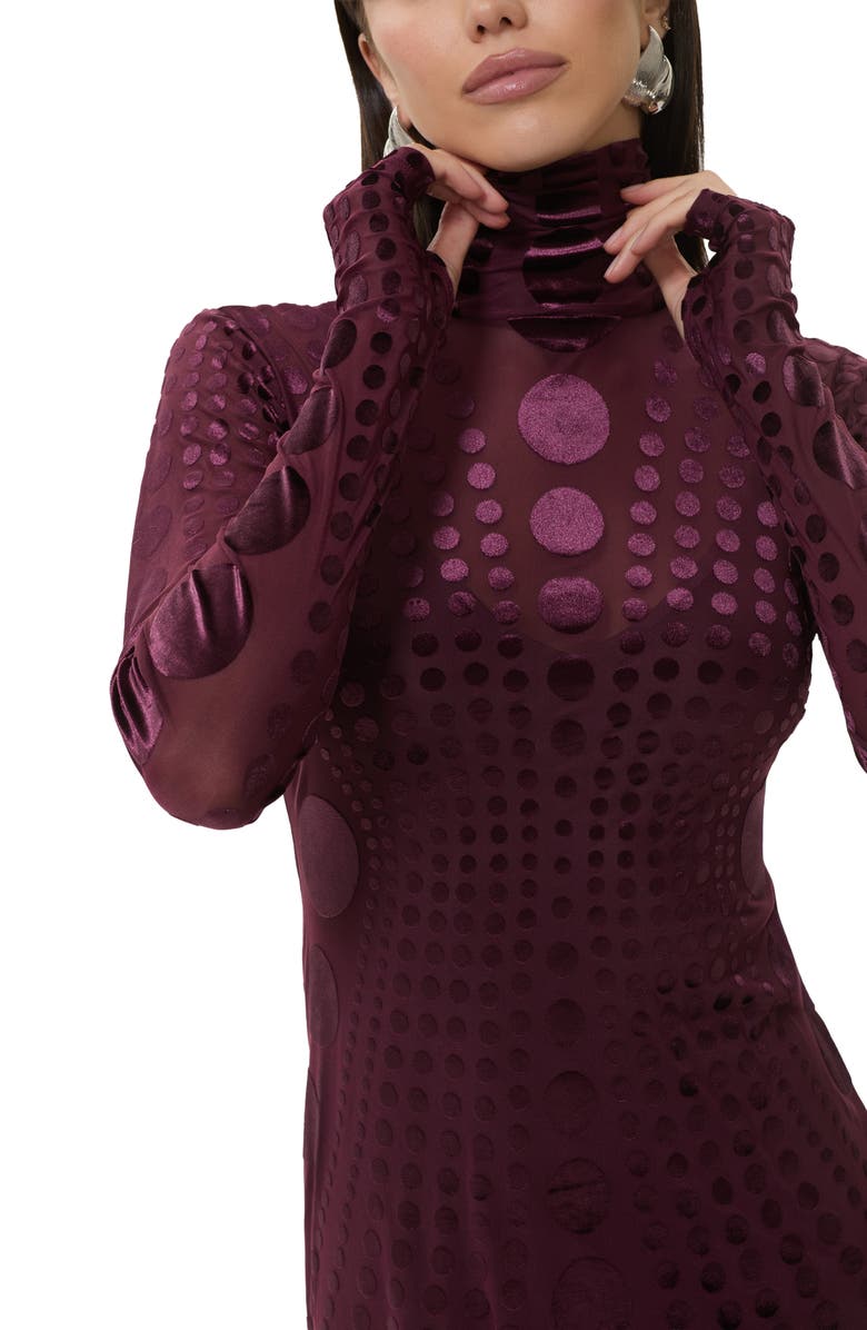 AFRM Shailene Long Sleeve Burnout Velvet Dress, Alternate, color, Cabernet Tonal Dot