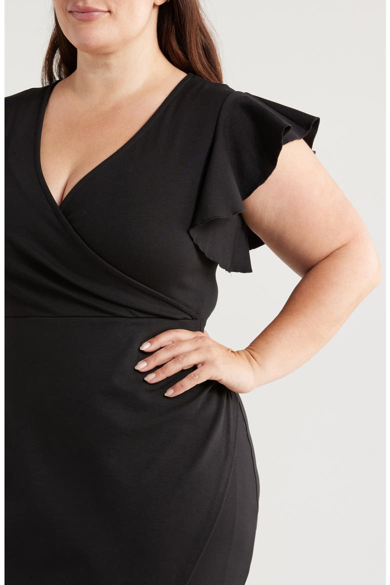 Ruffle Sleeve Stretch Faux Wrap Dress, Alternate, color, BLACK