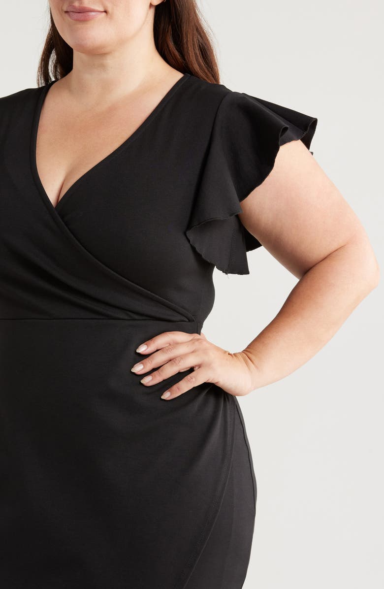 24seven Comfort Apparel Ruffle Sleeve Stretch Faux Wrap Dress, Alternate, color, Black