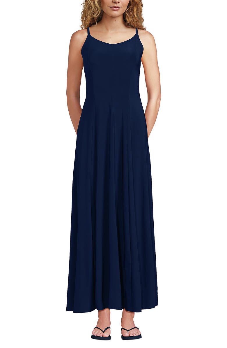 Lands' End Silky Knit Godet Maxi Dress, Main, color, Deep Sea Navy