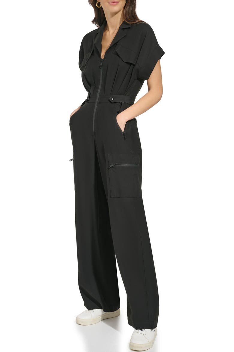 Front Zip Twill Jumpsuit, Alternate, color, BLACK