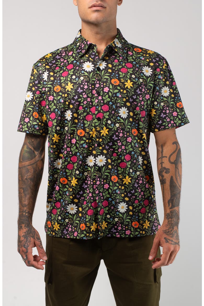 Aqua Terra Scritti Politti Floral Tech Short Sleeve Performance Button-Up Shirt, Main, color, BLACK MULTI
