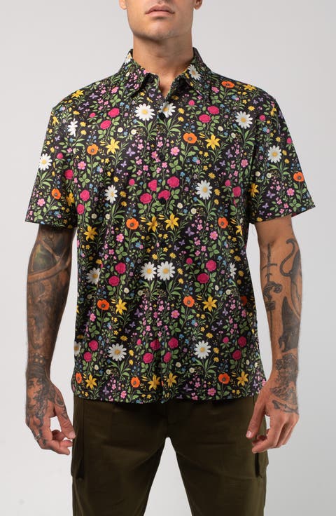 Aqua Terra Scritti Politti Floral Tech Short Sleeve Performance Button-Up Shirt