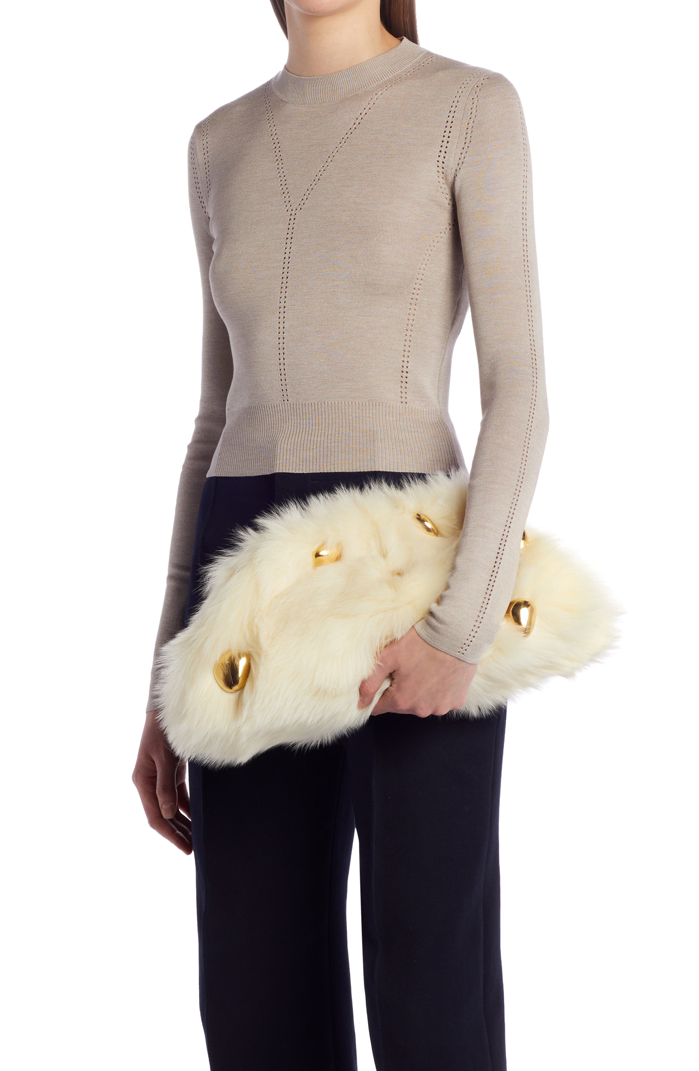 Bottega Veneta The Pouch Stud Embellished Genuine Shearling Clutch, Alternate, color, 