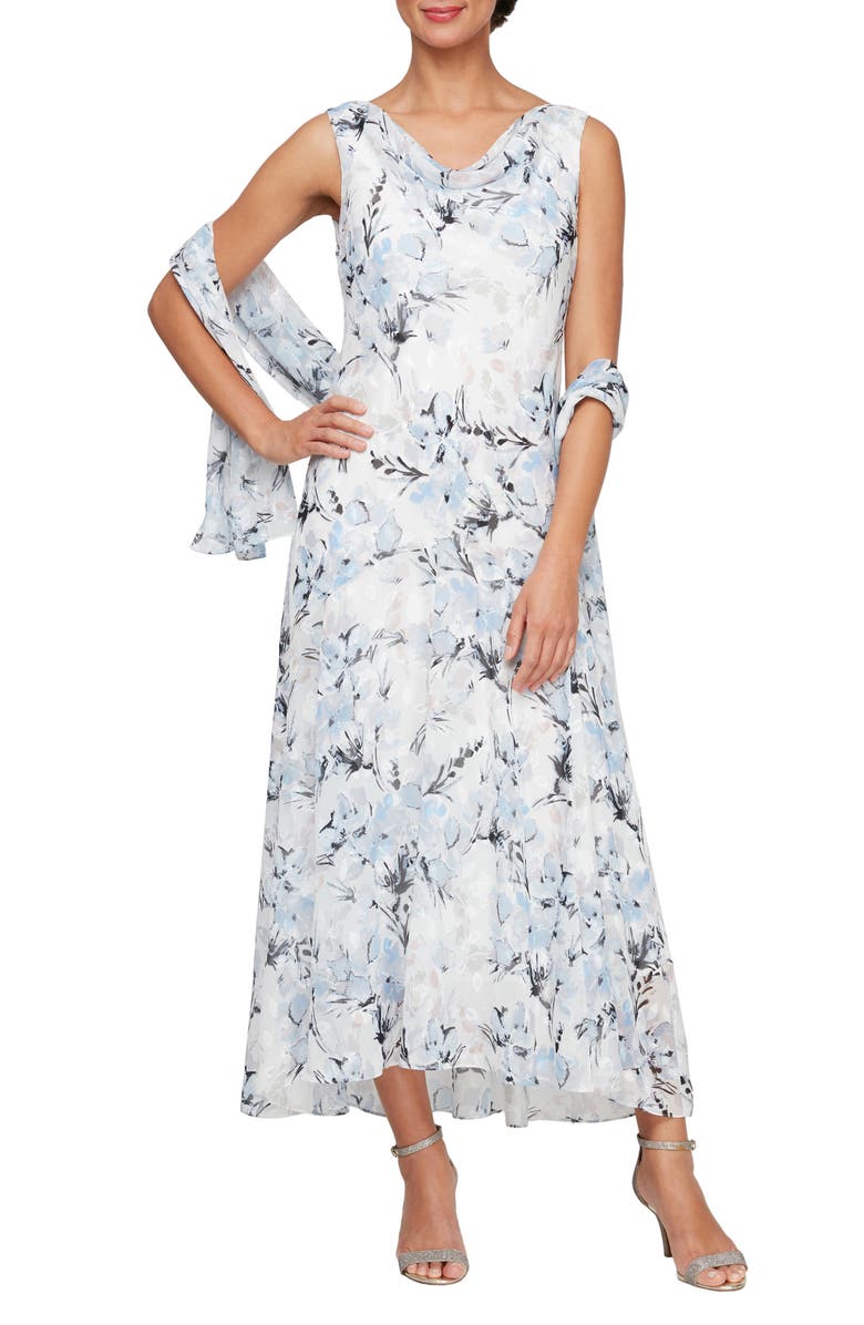 Alex Evenings Floral Cowl Neck Sleeveless Midi Dress & Shawl, Main, color, 