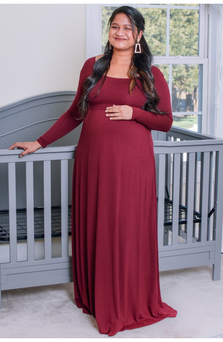 PinkBlush Solid Off Shoulder Maternity Maxi Dress, Alternate, color, Burgundy