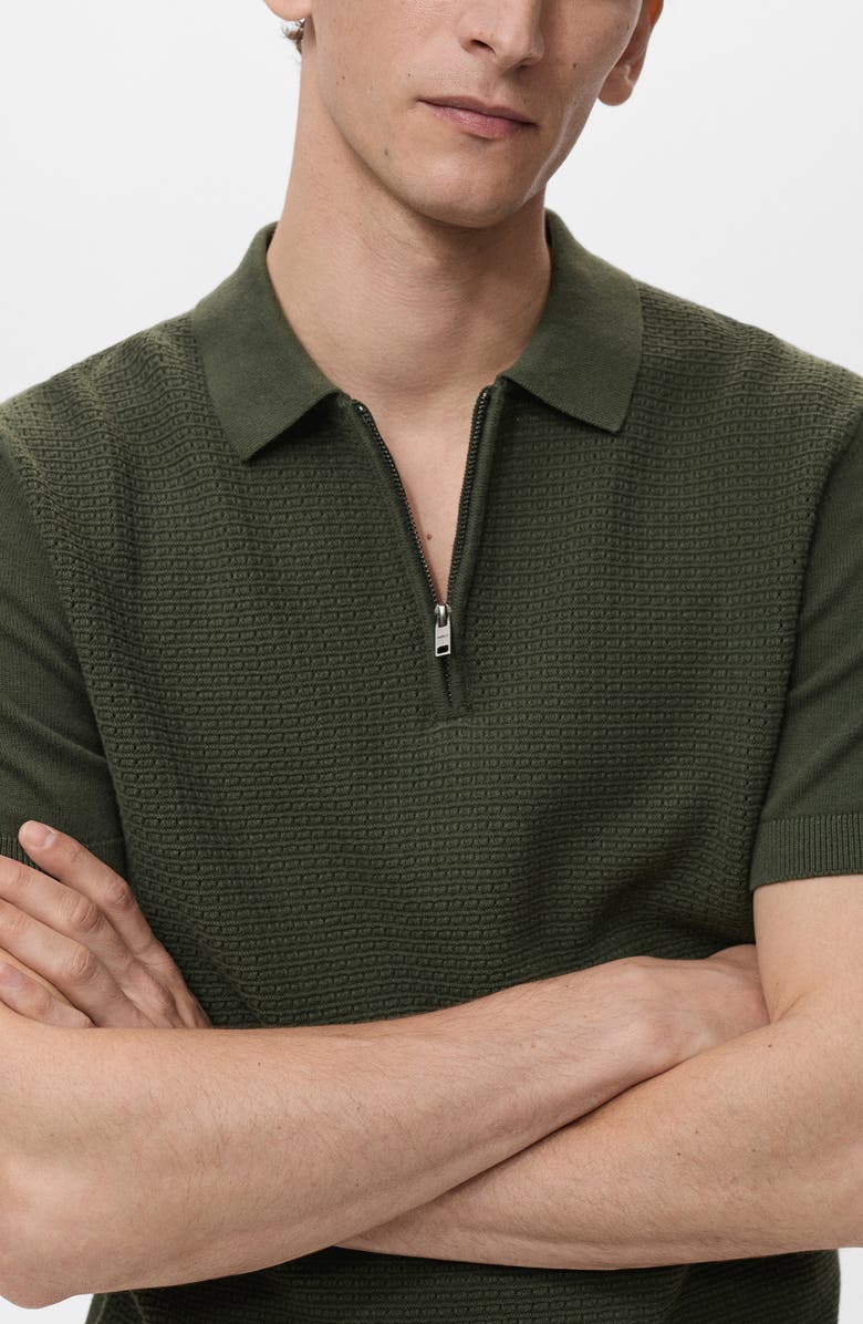 MANGO Openwork Knit Quarter Zip Polo, Alternate, color, Khaki Green