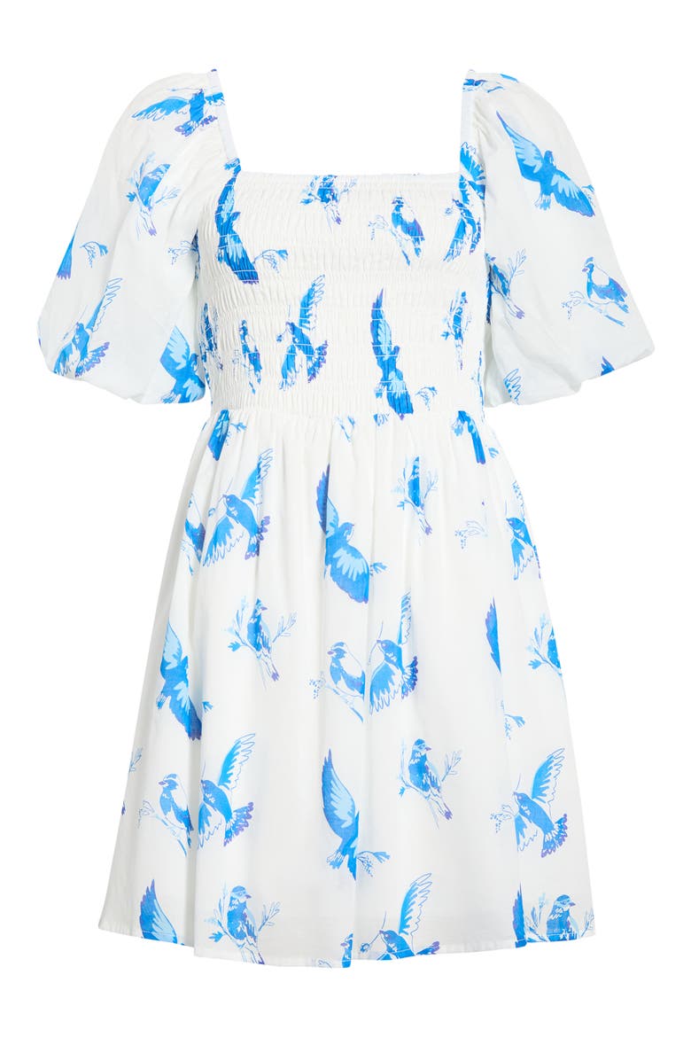 Hailie Bluebird Print Smocked Minidress, Alternate, color, WHITE BLUE COMBO