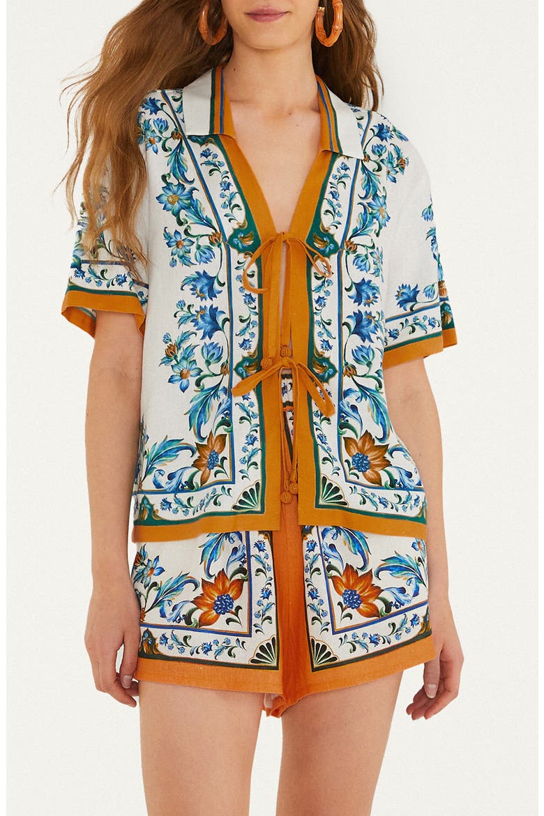 Flora Tile Print Linen Blend Cover-Up Top, Main, color, FLORA TILE OFF-WHITE