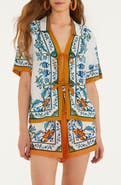 FARM Rio Flora Tile Print Linen Blend Cover-Up Top