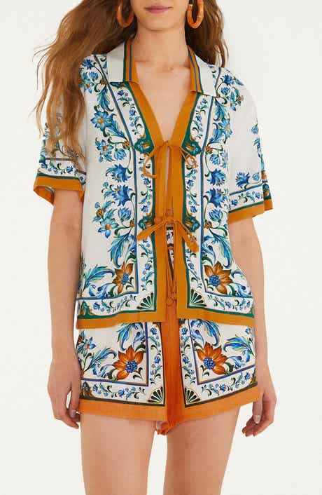 Flora Tile Print Linen Blend Cover-Up Top