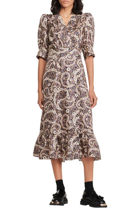 Enrika Floral Surplice Neck Silk Dress