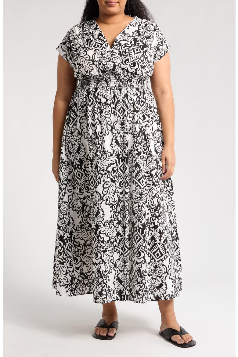 Short Sleeve Smocked Cotton Blend Maxi Dress, Main, color, BLACK/ WHITE