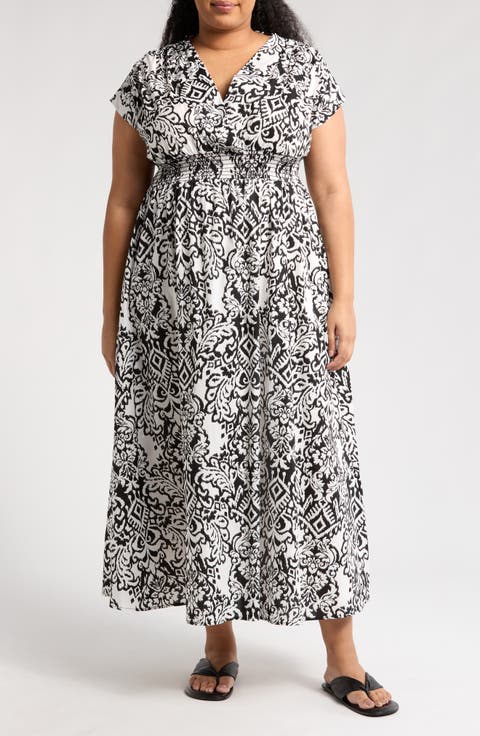 Short Sleeve Smocked Cotton Blend Maxi Dress (Plus)