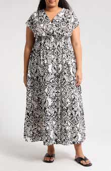 Renee C Short Sleeve Smocked Cotton Blend Maxi Dress