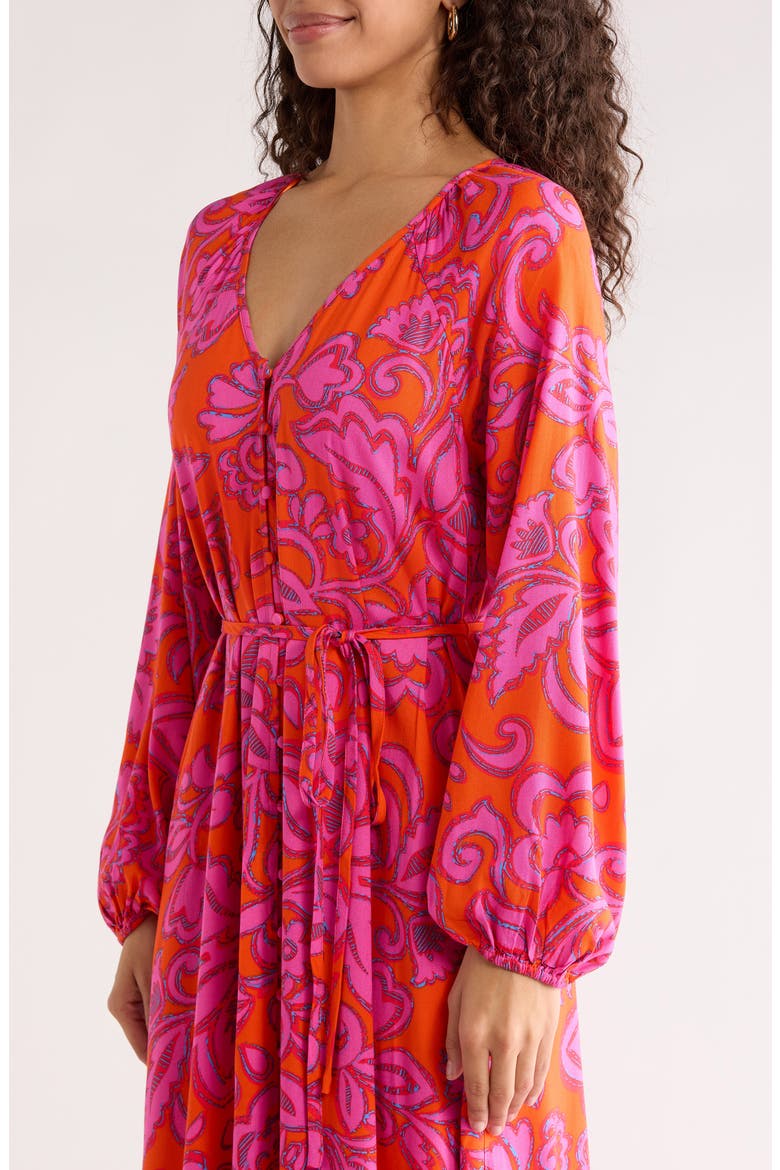 Marinda Floral Larrie Long Sleeve Button Maxi Dress, Alternate, color, ORANGE-FUCHSIA