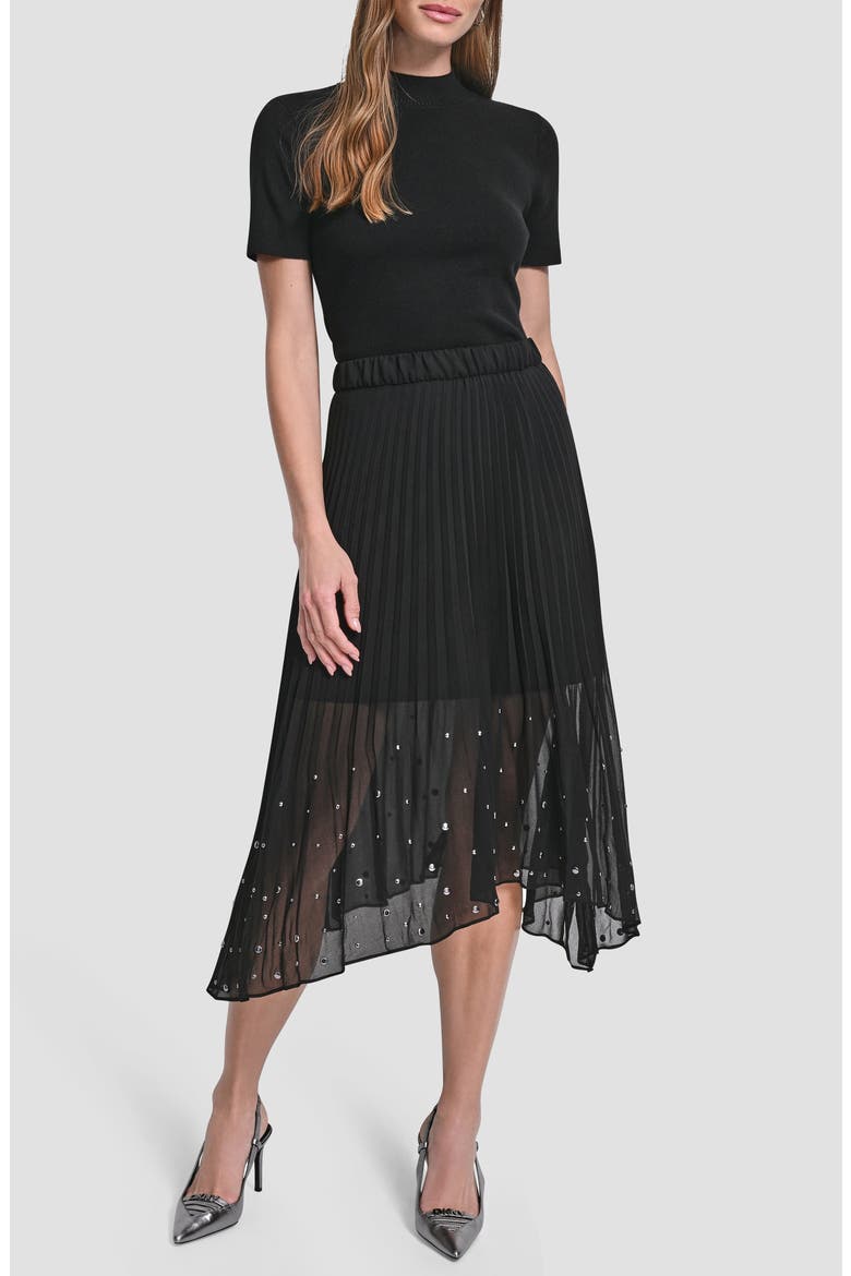Studded Pleated Chiffon Midi Skirt, Alternate, color, BLACK