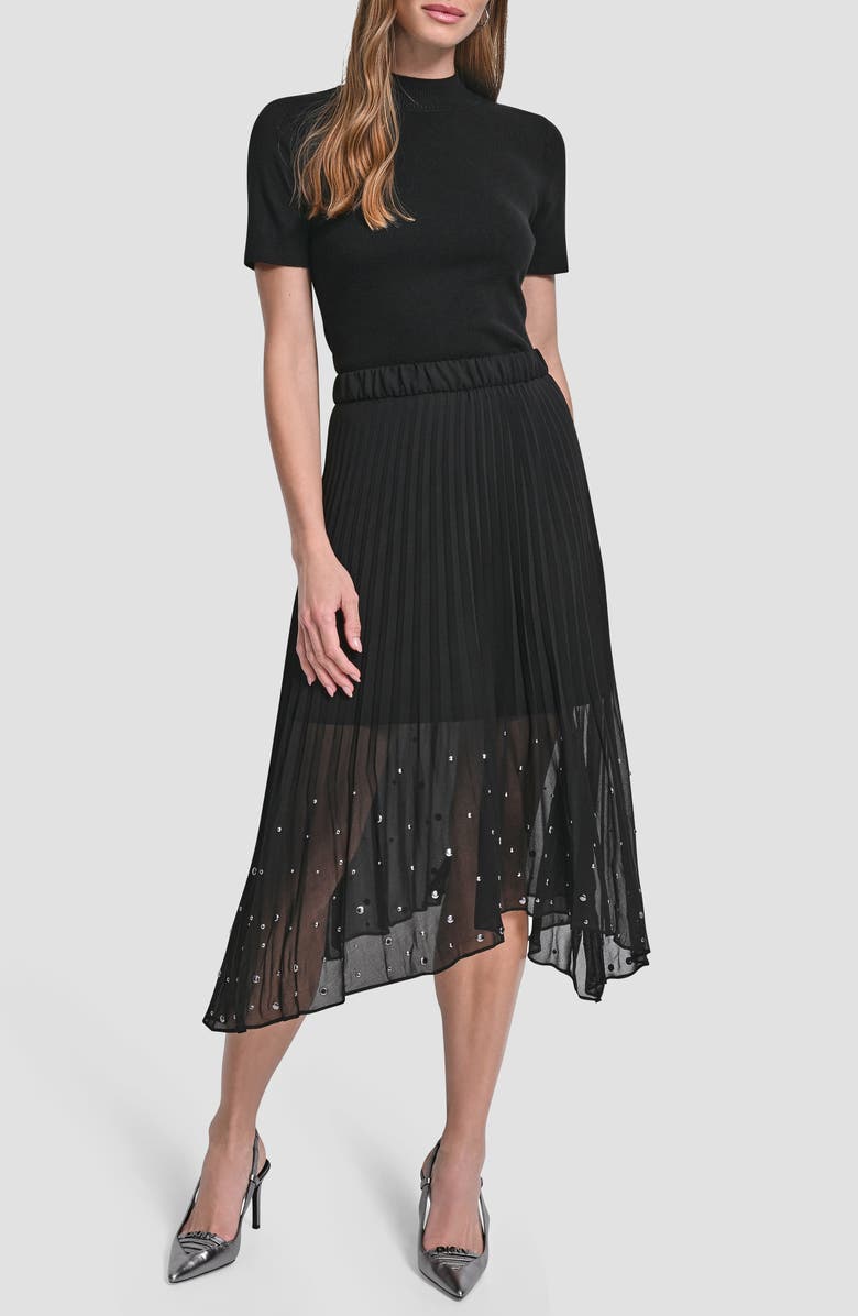 DKNY Studded Pleated Chiffon Midi Skirt, Alternate, color, Black