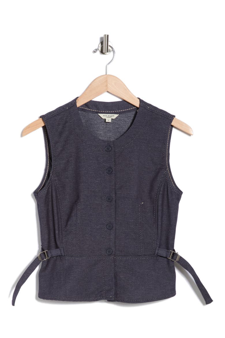 Topstitched Button Front Sleeveless Top, Alternate, color, INDIGO