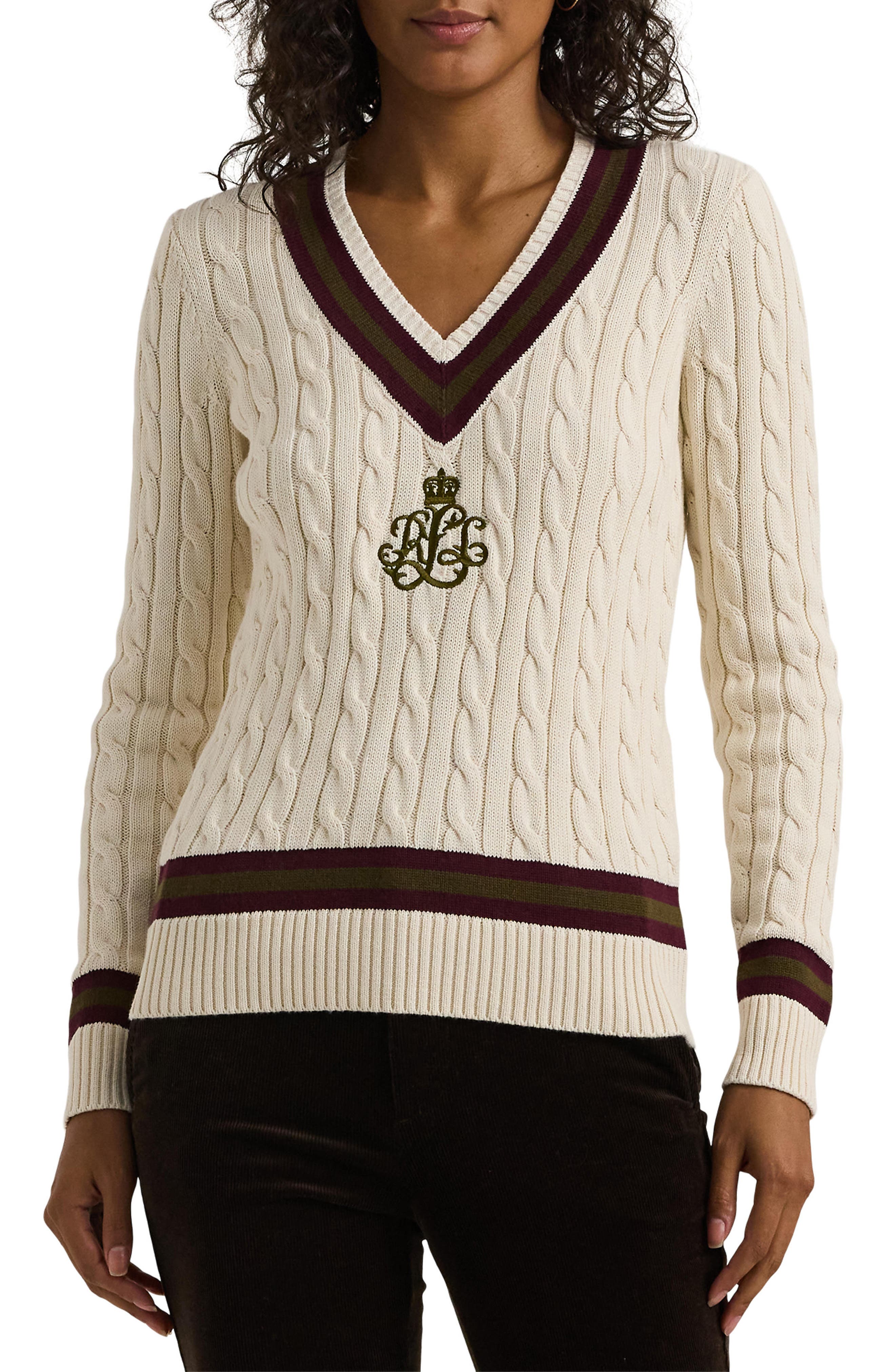 Lauren Ralph Lauren Gassed V-Neck Cable Stitch Sweater
