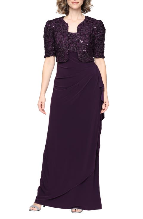Sequin Soutache Bodice Empire Waist Chiffon Gown with Bolero Jacket