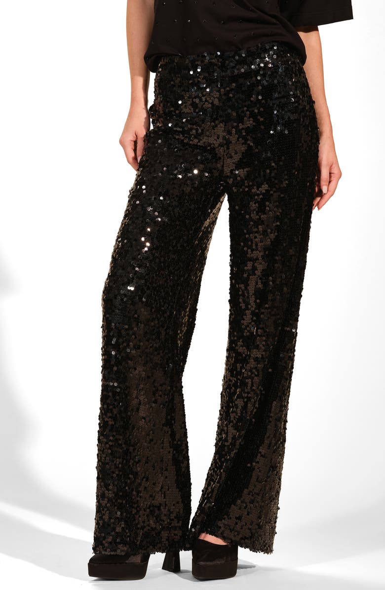 Isaac Mizrahi New York Sequin Wide Leg Pants, Main, color, Black