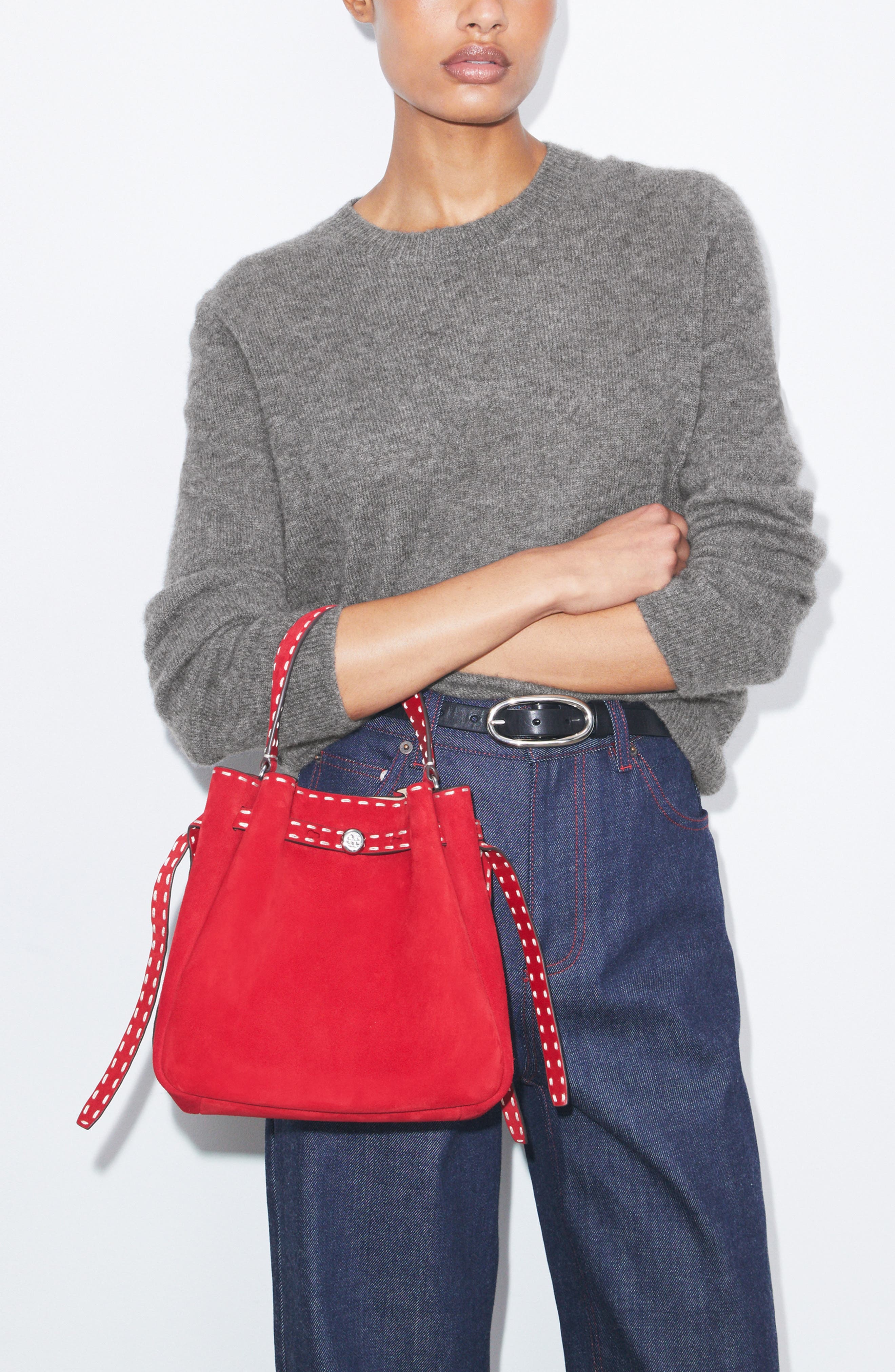 Tory Burch Romy Suede Bucket Bag, Alternate, color, Red