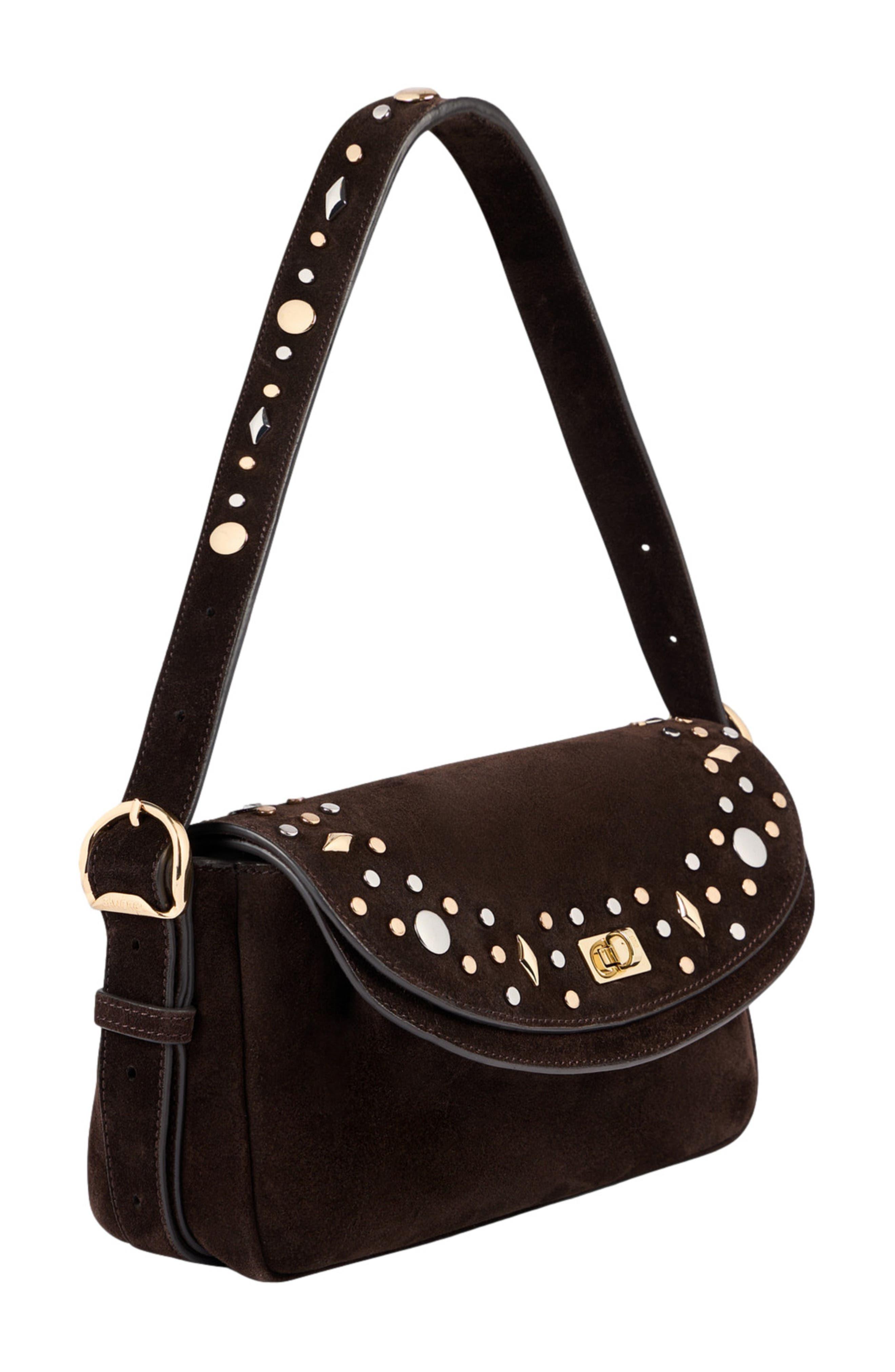 SANDRO LE MAMBO JANYS studded suede bag, Alternate, color, Black Brown