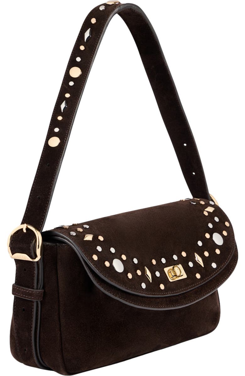 SANDRO LE MAMBO JANYS studded suede bag, Alternate, color, Black Brown